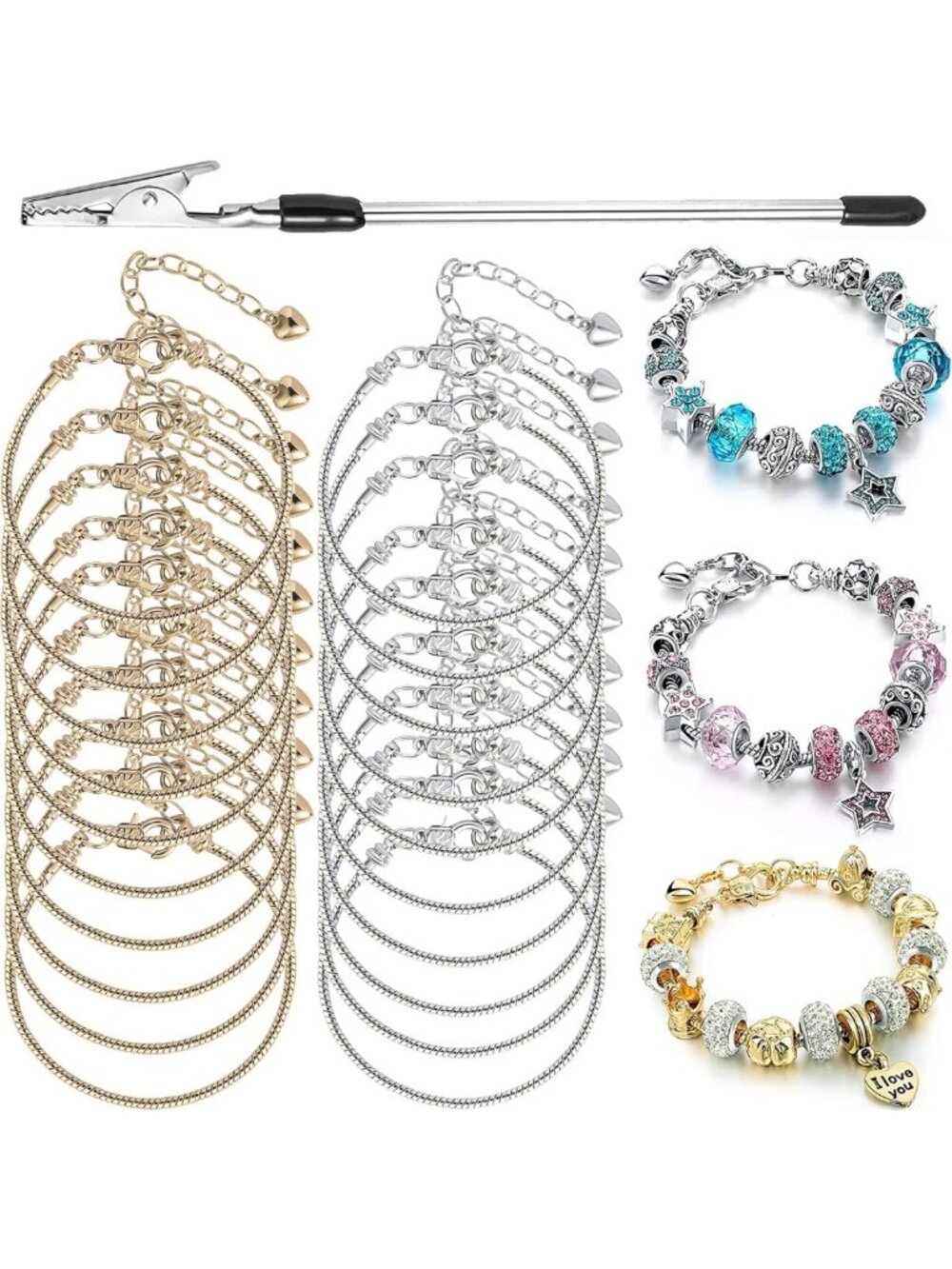 20-Piece Adjustable Snake Chain Charm Bracelet Set with Heart Clasp & Extender